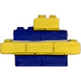 Blue and yellow plastic block ornament on a white background