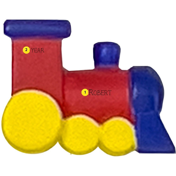 Personalized toy train ornament with a red engine, blue details, and yellow wheels.