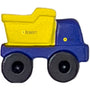 Personalized toy dump truck ornament with a yellow bed, blue base, and black wheels.