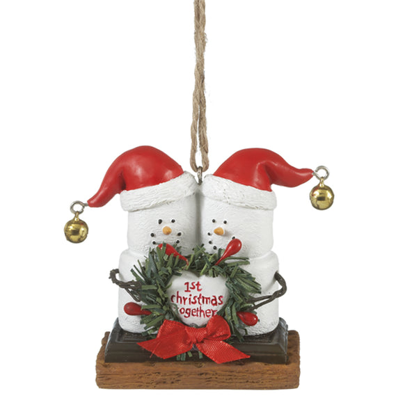 Christmas ornament of two snowmen S'mores with a wreath and '1st Christmas together' text on a white background.