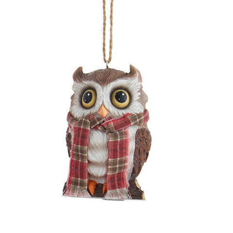 Owl with Plaid Scarf ornament featuring big eyes, textured feathers, and a cozy red plaid scarf. Perfect for woodland and rustic Christmas trees.