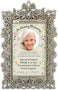 Decorative silver-tone floral memorial card frame with intricate scrollwork, designed to hold a standard funeral memorial card.