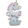 White unicorn ornament with pink mane, pink hooves, glittery stars, and a blue cloud base for personalization.