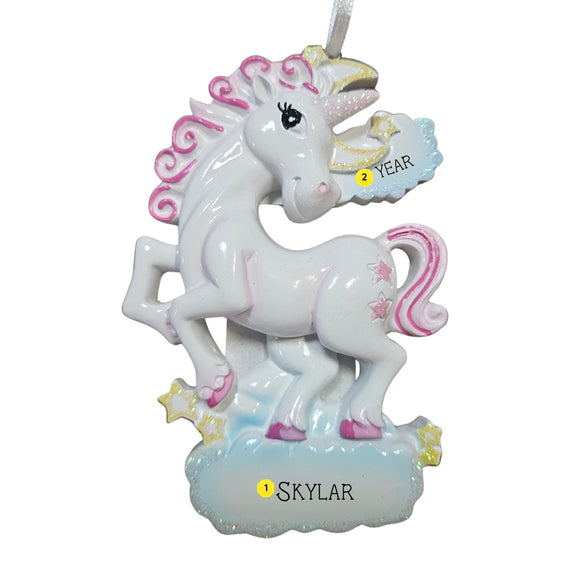 White unicorn ornament with pink mane, pink hooves, glittery stars, and a blue cloud base personalized with Skylar and the year as an example.