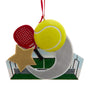 Padel ornament with a red perforated racket, yellow ball, court design, and gold star accent.