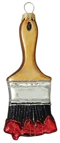 Glass paint brush Christmas ornament with wood-tone handle, black bristles, and bright red paint