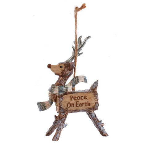 Woodland deer ornament with antlers, a plaid scarf, and a rustic body design featuring the words “Peace on Earth.”