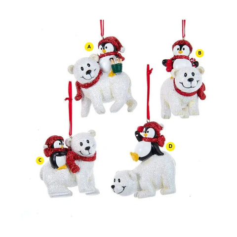 Image showing four style options of a glittered penguin and polar bear ornament, each featuring a playful winter pose with red hats and scarves.