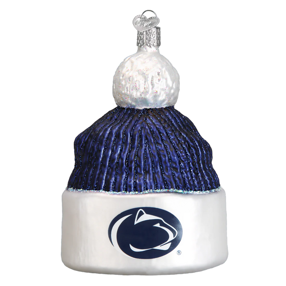 Glass ornament shaped like a beanie with a Penn State logo on a white background
