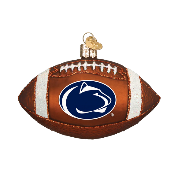 Glass football ornament with a Penn State logo on a white background