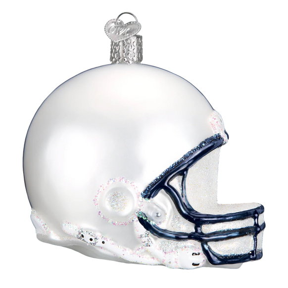 Glass Penn State football helmet ornament on a white background