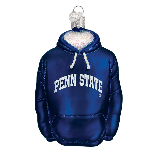 Blue hoodie ornament with 'Penn State' text on a white background