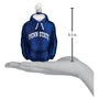 Blue satin hoodie ornament with 'Penn State' text, displayed on a hand with measurement indicator.
