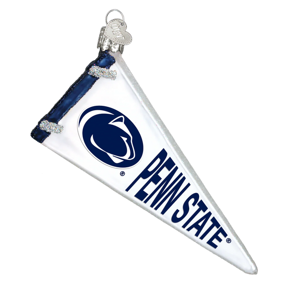 Glass ornament shaped like a Penn State flag with logo and text on a white background