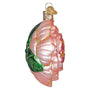 Decorative glass ornament shaped like a pink peony with green leaf on a white background side view