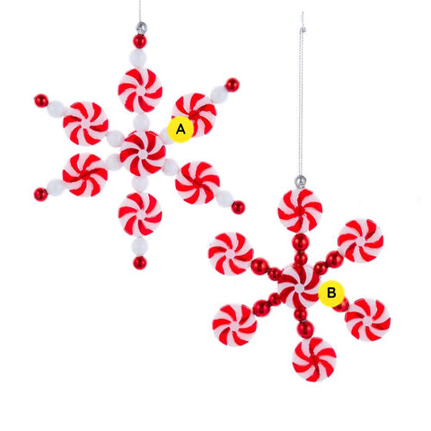 Peppermint candy snowflake ornaments in two red and white designs with candy swirl discs and bead accents, sold separately.