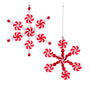 Decorative snowflake ornament with red and white candy cane design on a white background