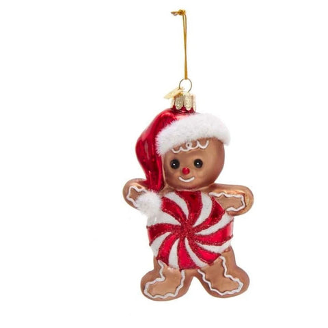 Peppermint gingerbread glass ornament with Santa hat, smiling gingerbread face, red and white peppermint swirl body, icing details, and hanging cord.