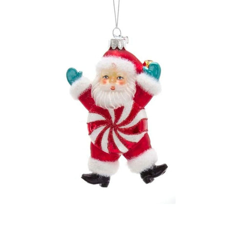 Peppermint Santa glass ornament with red suit, white trim, teal mittens, peppermint swirl body, silver cap, and hanging cord.