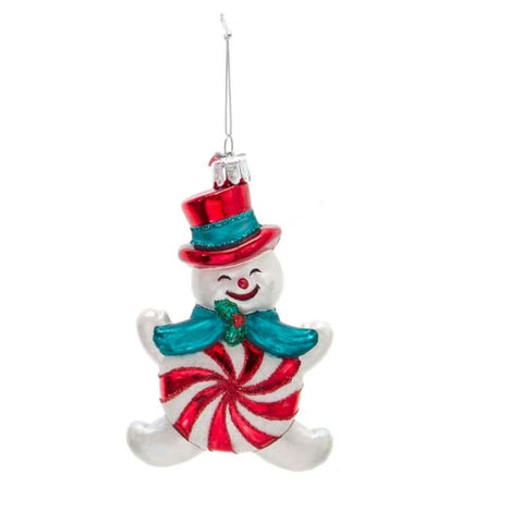 Peppermint snowman glass ornament with red top hat, teal scarf, holly detail, peppermint swirl body, silver cap, and hanging cord.