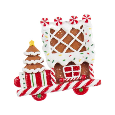 Gingerbread locomotive ornament with white icing, peppermint candy accents, colorful sprinkles, a small Christmas tree, and gift details.
