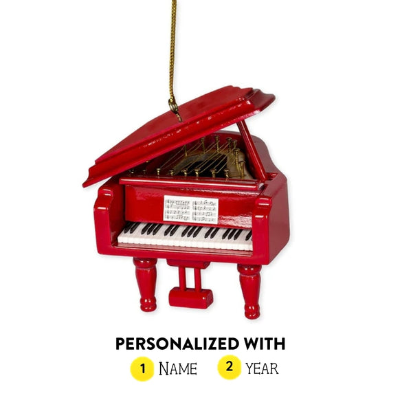 Personalized red grand piano ornament shown with name and year option graphic