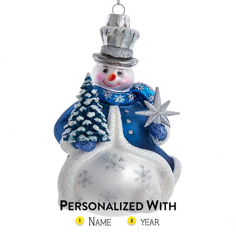 Personalized Glass Enchanted Blue Snowman Ornament