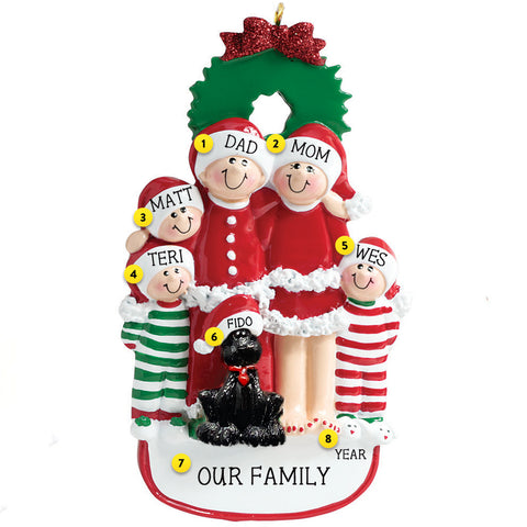Personalized Family of Five with a Black Dog Christmas Ornament 