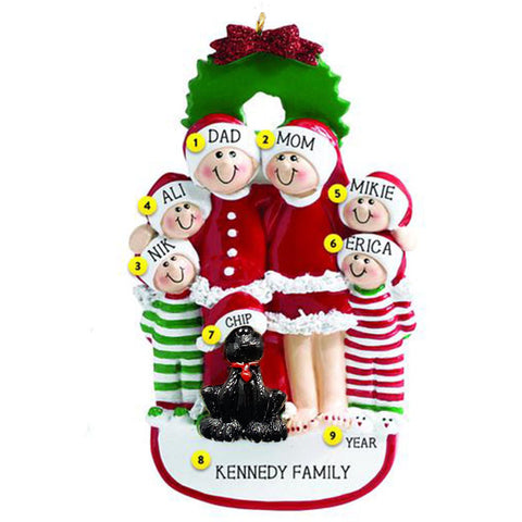 Personalized Family of 6 Ornament with a black Dog