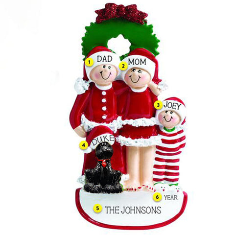 Family of Three with Black Dog Personalized Christmas Ornament 