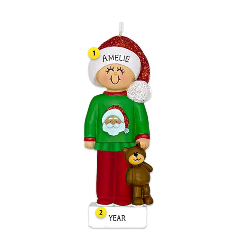 Personalized Girl in Christmas Pajamas Ornament 
