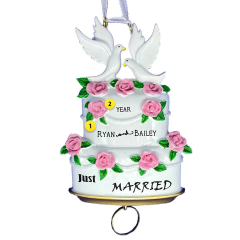 Personalized Wedding Cake Ornament with Just Married Words and Lovebirds on top