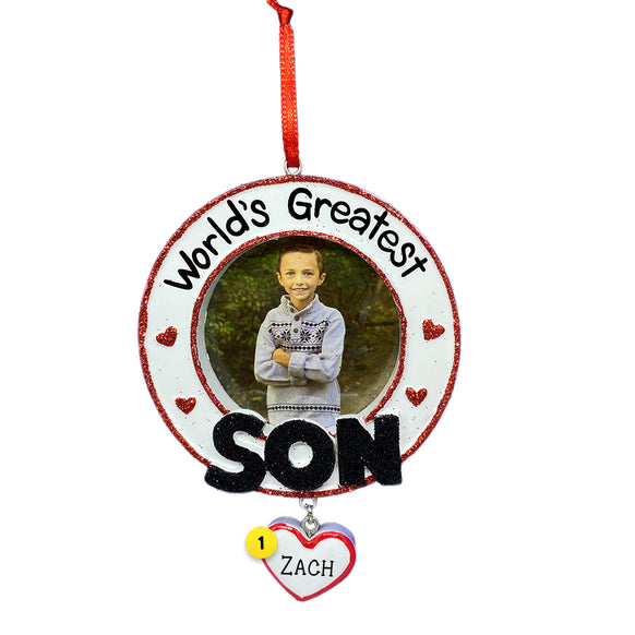 Personalized Son Ornament - Photo frame with wording World's Greatest Son