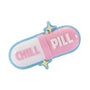 Personalized chill pill ornament with pink and white pill design, blue glitter trim, and yellow star accents.