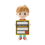 Personalized first day of school boy ornament with a child holding a school sign with blank spaces for details.