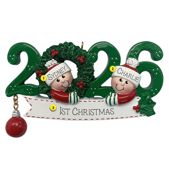 Personalized Christmas ornament with two children and '2026 1st Christmas' text, against a white background.