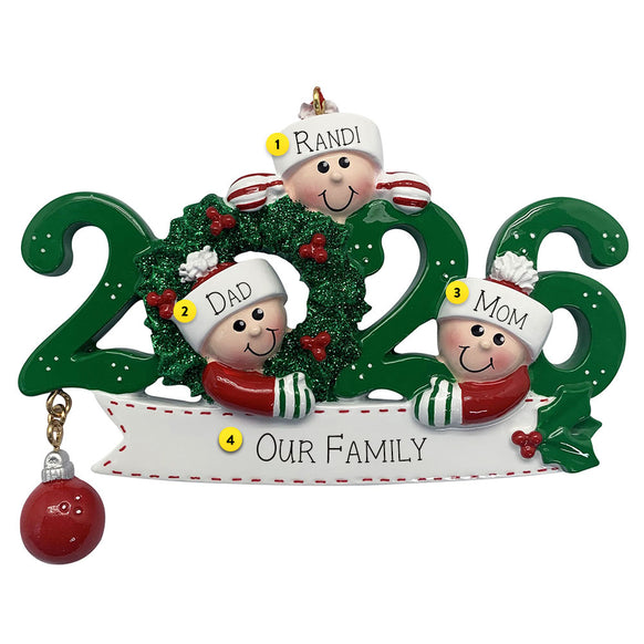 Personalized Christmas ornament with family of three wearing winter hats and the year 2026.