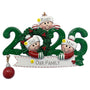 Personalized Christmas ornament with family of three wearing winter hats and the year 2026.