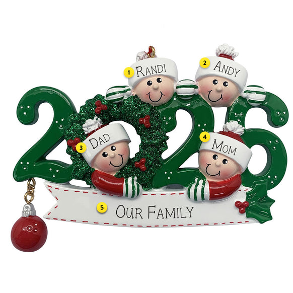 Personalized Christmas ornament with family of four and '2026' design on a white background.