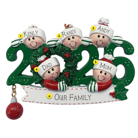 Personalized Christmas ornament with family members and '2026' design.