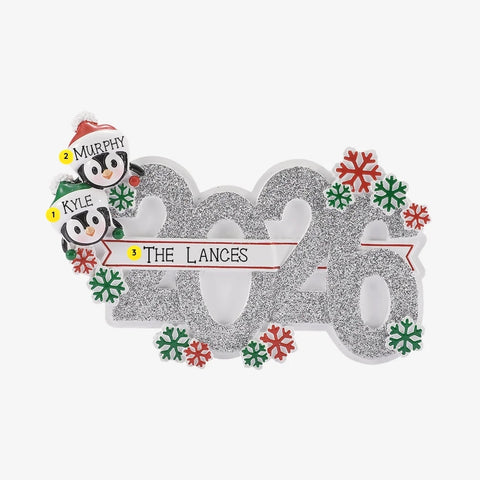 Personalized Mockup:
Personalized 2026 penguin family of 2 ornament with two penguins in Santa hats, glittery silver 2026 numbers, two names on the hats, and a family name on the banner.