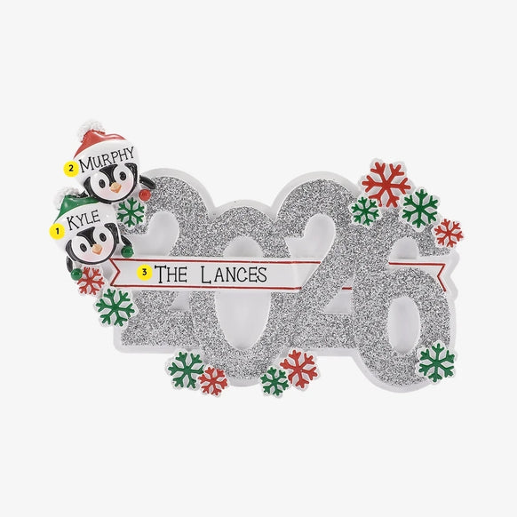 Personalized Mockup:
Personalized 2026 penguin family of 2 ornament with two penguins in Santa hats, glittery silver 2026 numbers, two names on the hats, and a family name on the banner.