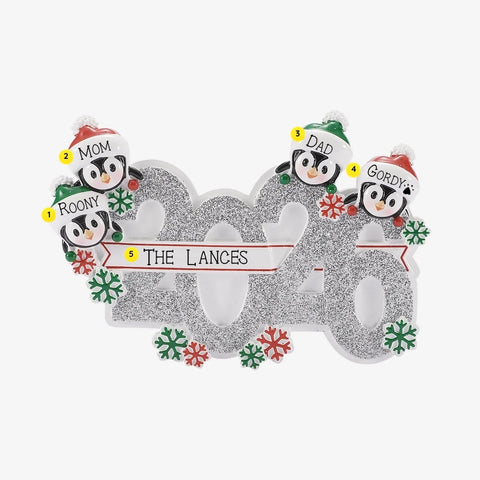 Personalized Mockup:
Personalized 2026 penguin family of 4 ornament with four penguins in Santa hats, glittery silver 2026 numbers, names on the hats, and a family name on the banner.