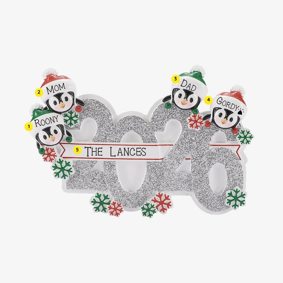 Personalized Mockup:
Personalized 2026 penguin family of 4 ornament with four penguins in Santa hats, glittery silver 2026 numbers, names on the hats, and a family name on the banner.