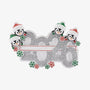 Blank 2026 penguin family of 4 ornament with four penguins in red and green Santa hats, glittery silver numbers, festive snowflakes, and a blank banner.