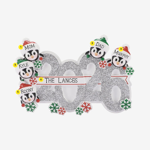 Personalized Mockup:
Personalized 2026 penguin family of 5 ornament with five penguins in Santa hats, glittery silver numbers, names on the hats, and a family name on the banner.