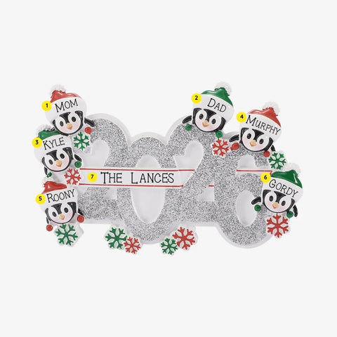 Personalized Mockup:
Personalized 2026 penguin family of 6 ornament with six penguins in Santa hats, glittery silver 2026 numbers, names on each hat, and a family name on the banner.