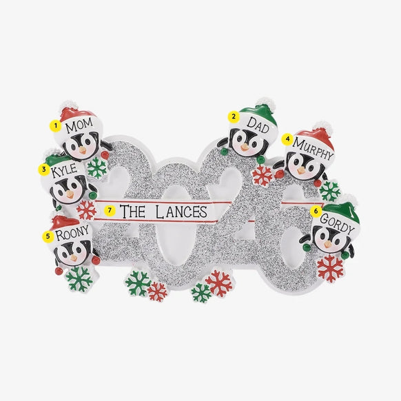Personalized Mockup:
Personalized 2026 penguin family of 6 ornament with six penguins in Santa hats, glittery silver 2026 numbers, names on each hat, and a family name on the banner.