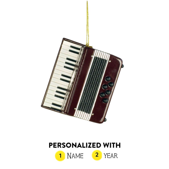 Personalized burgundy accordion ornament shown with name and year option graphic