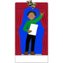 Ornament of a child holding a playbill inside theater curtains, can be personalized. 